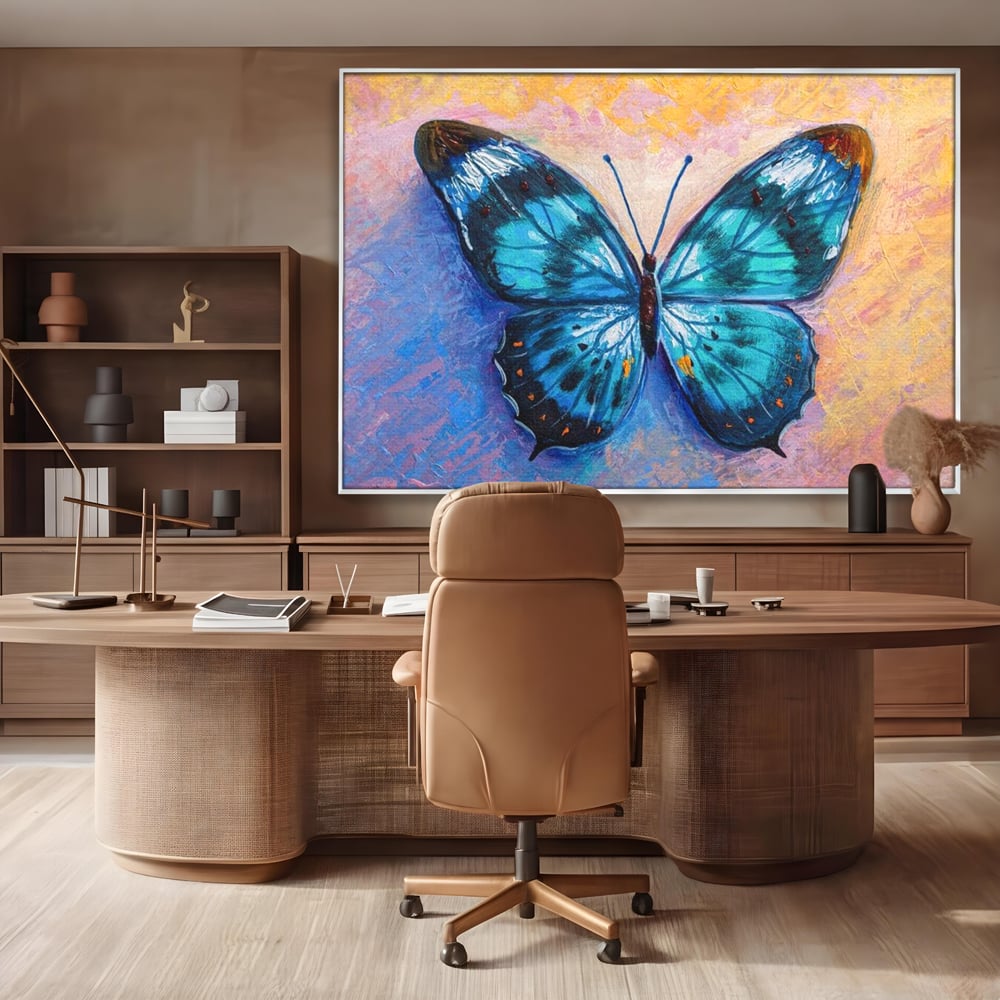 Tablou canvas cu tablou canvas cu fluture albastru, in rama de aluminiu argintiu, pe perete intr-un birou